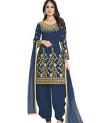 Blue Color Real Mirror Embroidered Soft Silk Cotton Patiala Salwar Suit Semi Stitched