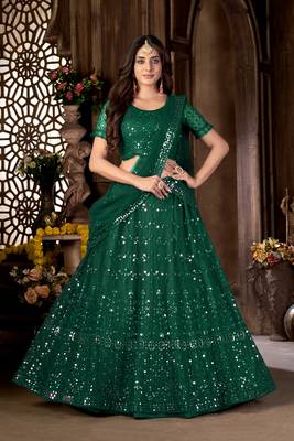 Green mirror net semi stitched lehenga 1