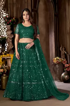 Green mirror net semi stitched lehenga