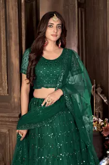 Green mirror net semi stitched lehenga