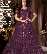 Purple mirror net semi stitched lehenga