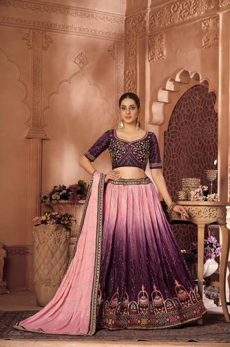 Purple embroidered chiffon semi stitched lehenga