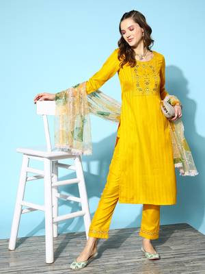 Women Yellow Zari Sequence Embroidered Ruby Silk Kurta Pant With Dupatta 1