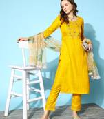 Women Yellow Zari Sequence Embroidered Ruby Silk Kurta Pant With Dupatta