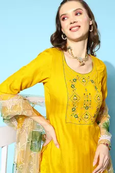 Women Yellow Zari Sequence Embroidered Ruby Silk Kurta Pant With Dupatta