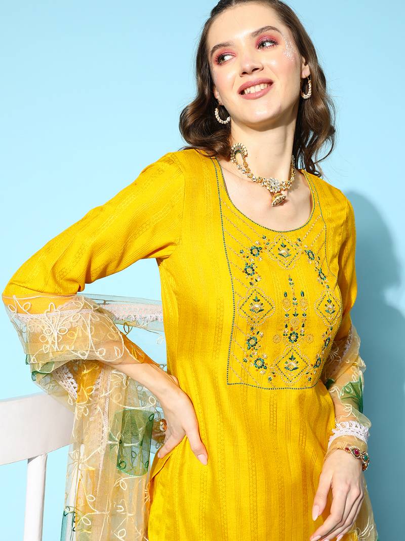 Women Yellow Zari Sequence Embroidered Ruby Silk Kurta Pant With Dupatta