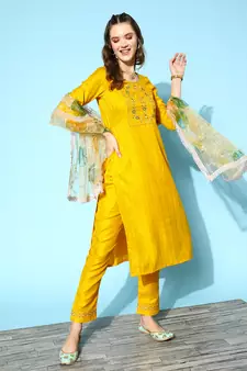Women Yellow Zari Sequence Embroidered Ruby Silk Kurta Pant With Dupatta