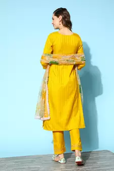 Women Yellow Zari Sequence Embroidered Ruby Silk Kurta Pant With Dupatta