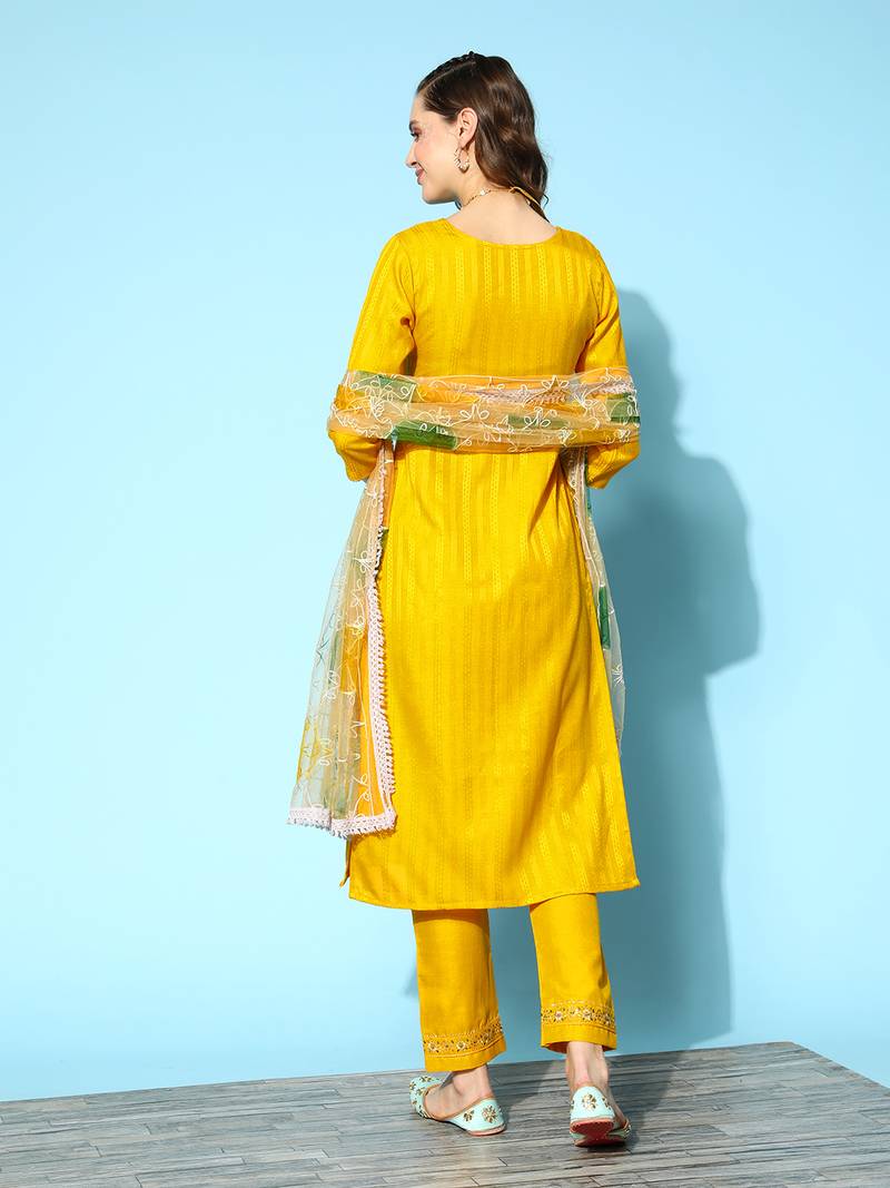 Women Yellow Zari Sequence Embroidered Ruby Silk Kurta Pant With Dupatta