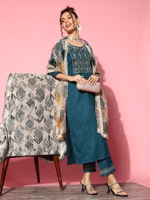 Women Teal Zari Sequence Embroidered Ruby Silk Kurta Pant With Dupatta 1