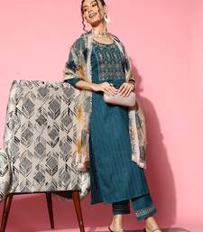 Women Teal Zari Sequence Embroidered Ruby Silk Kurta Pant With Dupatta