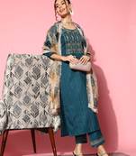 Women Teal Zari Sequence Embroidered Ruby Silk Kurta Pant With Dupatta