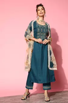 Women Teal Zari Sequence Embroidered Ruby Silk Kurta Pant With Dupatta