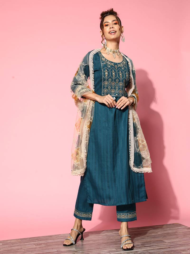 Women Teal Zari Sequence Embroidered Ruby Silk Kurta Pant With Dupatta