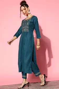 Women Teal Zari Sequence Embroidered Ruby Silk Kurta Pant With Dupatta