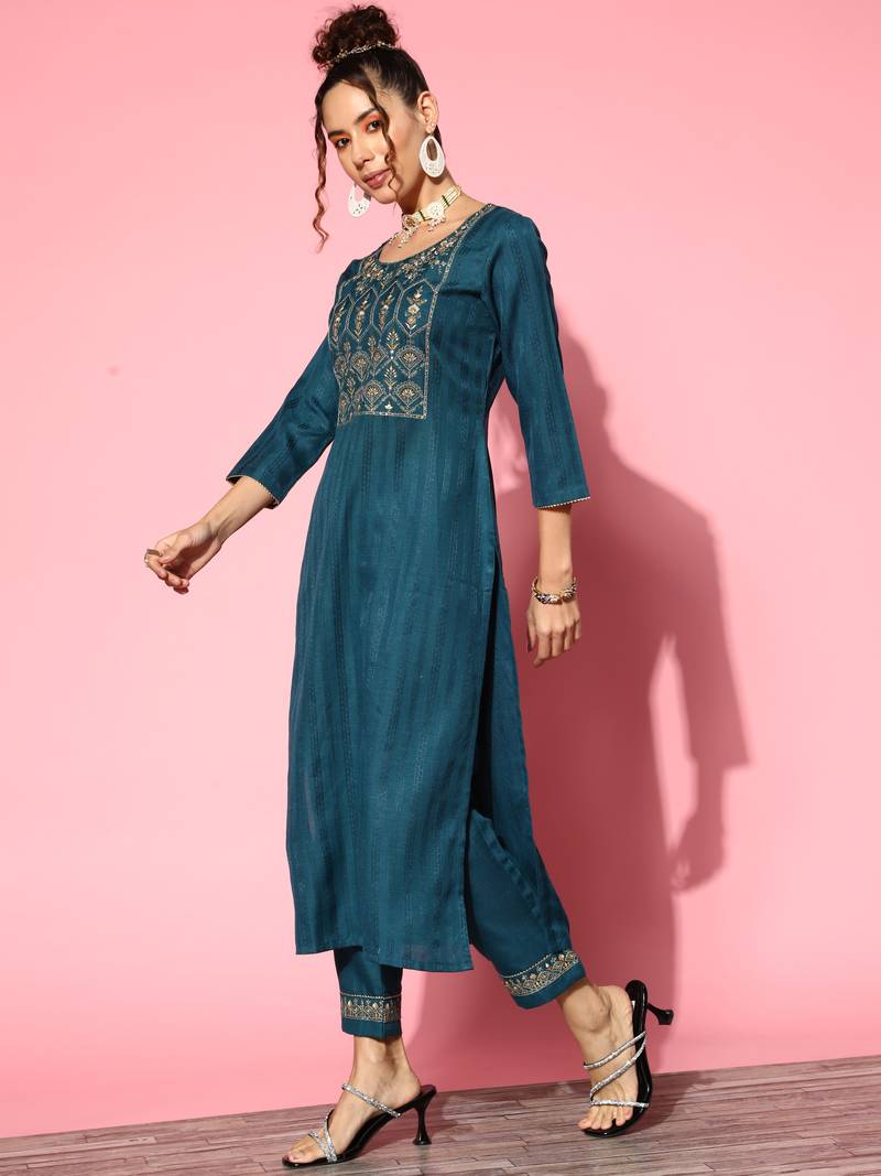 Women Teal Zari Sequence Embroidered Ruby Silk Kurta Pant With Dupatta
