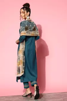Women Teal Zari Sequence Embroidered Ruby Silk Kurta Pant With Dupatta