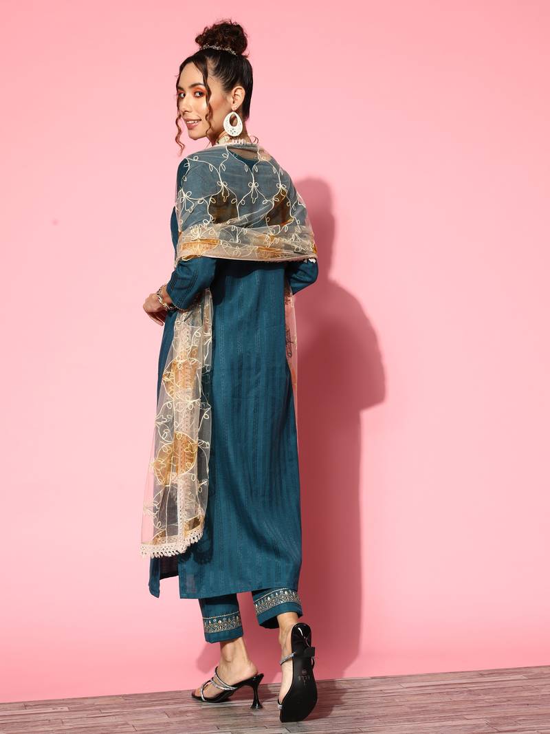 Women Teal Zari Sequence Embroidered Ruby Silk Kurta Pant With Dupatta