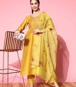 Women Yellow Zari Sequence Embroidered Silk Blend Kurta Pant With Dupatta