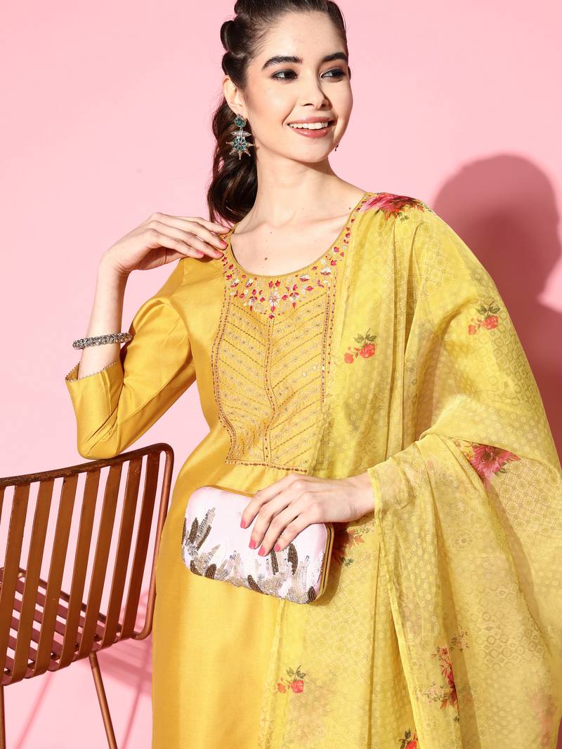 Women Yellow Zari Sequence Embroidered Silk Blend Kurta Pant With Dupatta