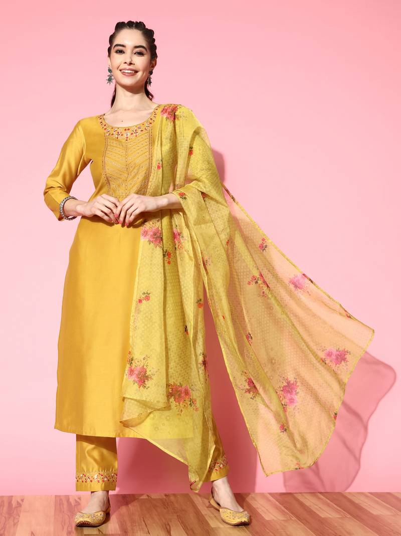 Women Yellow Zari Sequence Embroidered Silk Blend Kurta Pant With Dupatta