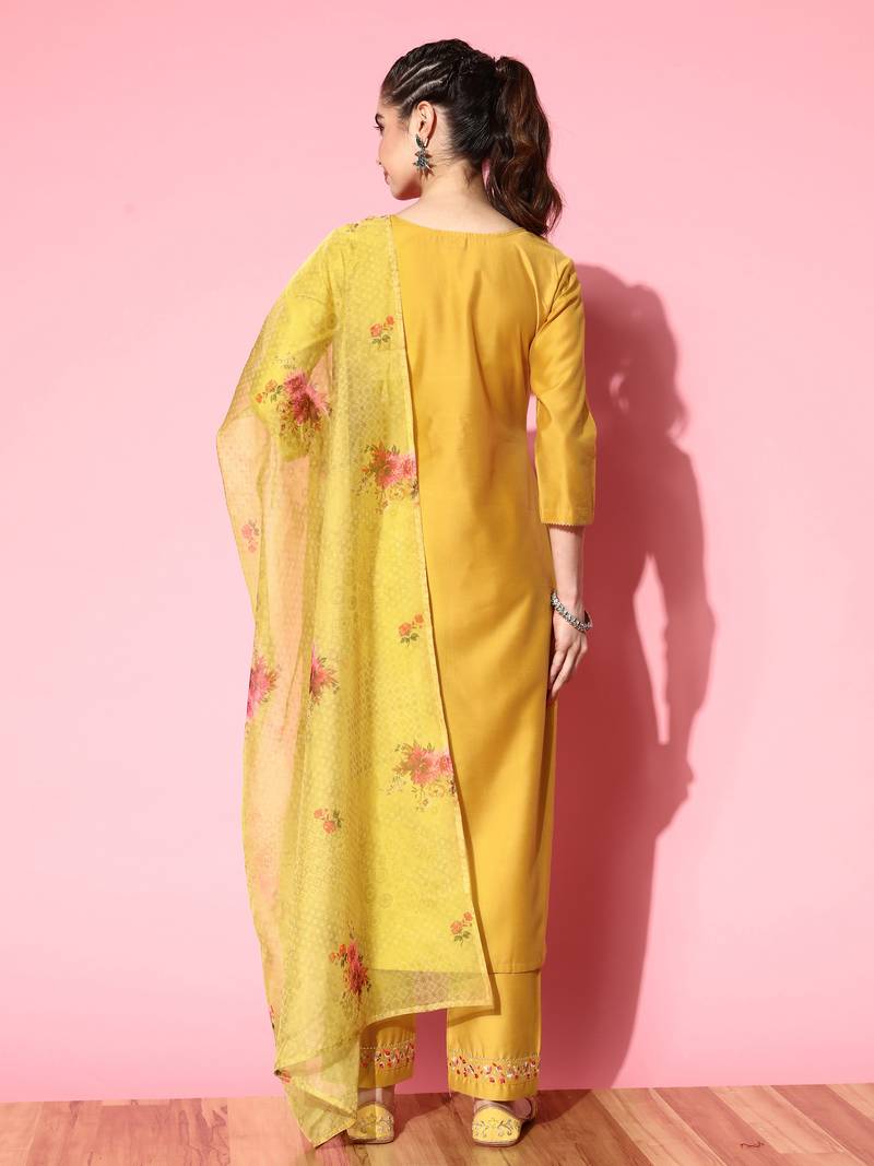 Women Yellow Zari Sequence Embroidered Silk Blend Kurta Pant With Dupatta