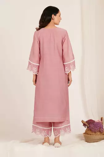 Vintage Rose Pink Floral Embroidered Kurta Set