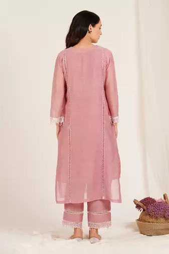 Vintage Rose Pink Lotus Embroidered Kurta Set