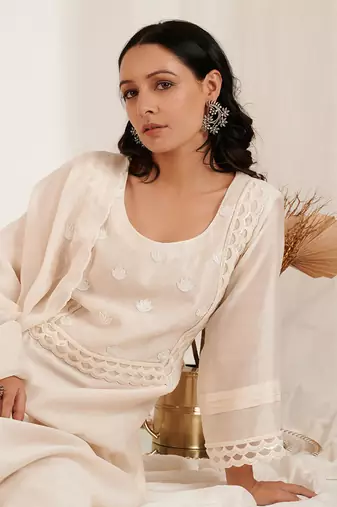 Moonlight White Lotus Embroidered Kurta Set