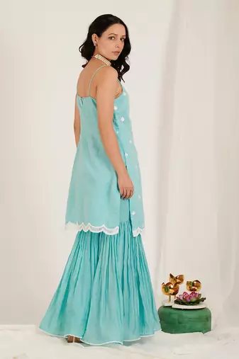 Aqua Blue Lotus Embroidered Sharara Set