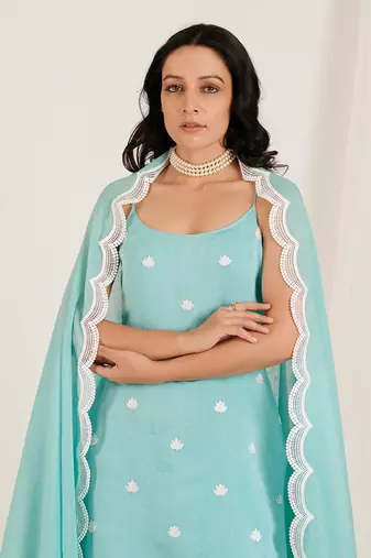 Aqua Blue Lotus Embroidered Sharara Set
