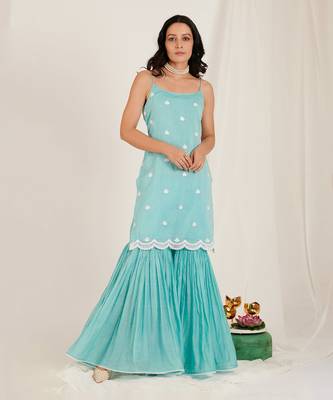 Aqua Blue Lotus Embroidered Sharara Set 1