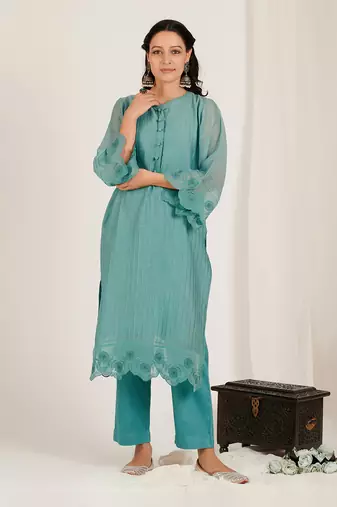 Green Chanderi Embroidered Kurta Set
