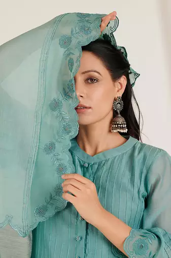 Green Chanderi Embroidered Kurta Set