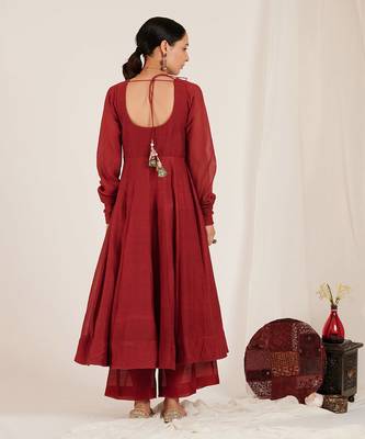 Maroon Printed Chanderi Embroidered Anarkali Set 2