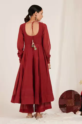 Maroon Printed Chanderi Embroidered Anarkali Set