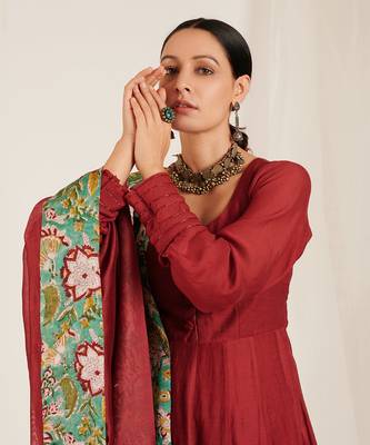 Maroon Printed Chanderi Embroidered Anarkali Set 3