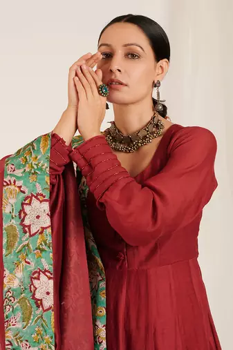 Maroon Printed Chanderi Embroidered Anarkali Set
