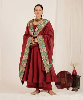Maroon Printed Chanderi Embroidered Anarkali Set 1