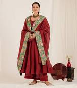 Maroon Printed Chanderi Embroidered Anarkali Set