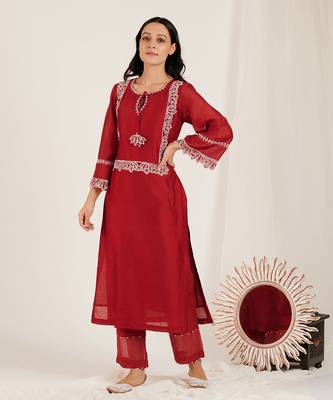 Maroon Embroidered Kurta Set 3