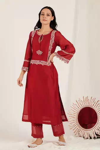 Maroon Embroidered Kurta Set