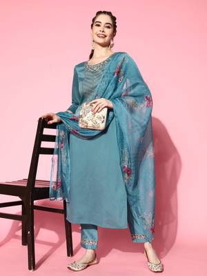 Women Sky Blue Zari Sequence Embroidered Silk Blend Kurta Pant With Dupatta 1