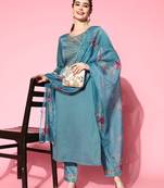 Women Sky Blue Zari Sequence Embroidered Silk Blend Kurta Pant With Dupatta