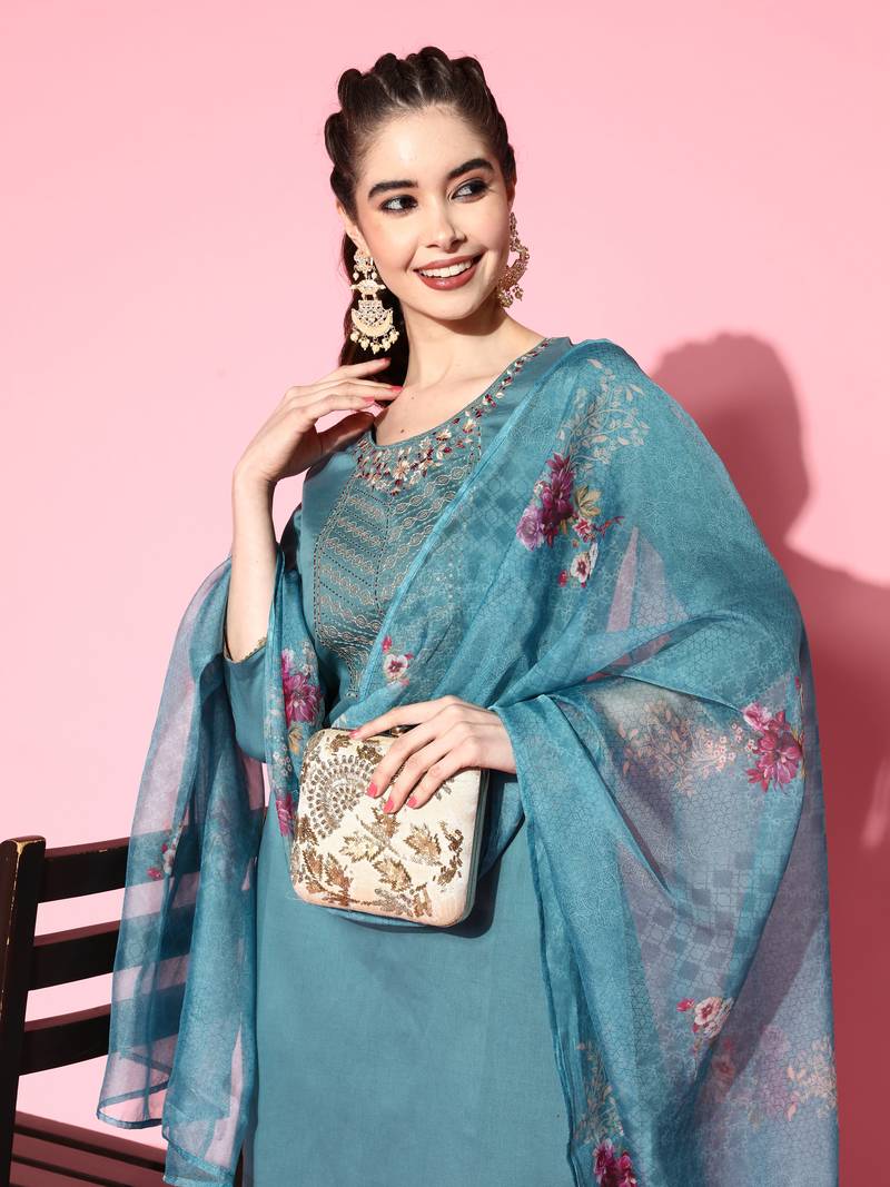 Women Sky Blue Zari Sequence Embroidered Silk Blend Kurta Pant With Dupatta