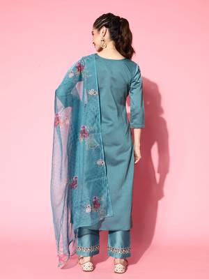 Women Sky Blue Zari Sequence Embroidered Silk Blend Kurta Pant With Dupatta 4