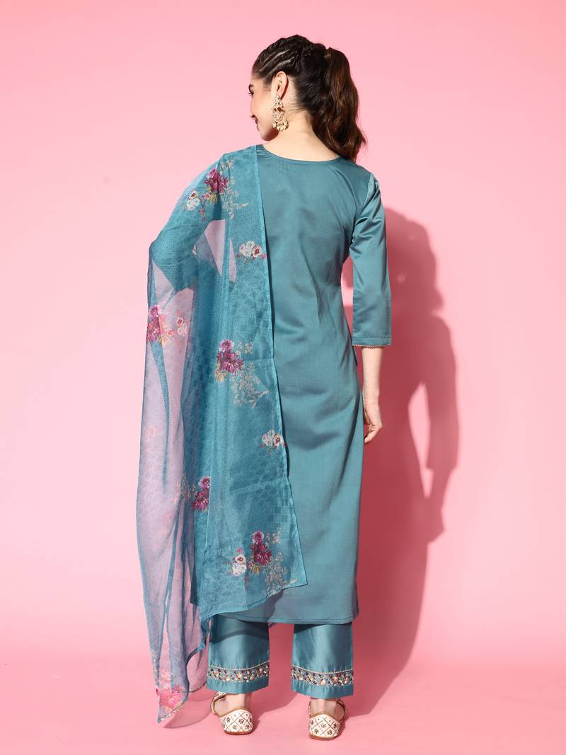 Women Sky Blue Zari Sequence Embroidered Silk Blend Kurta Pant With Dupatta