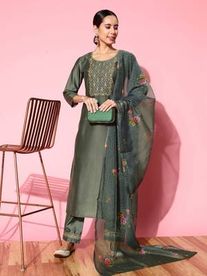 Women Olive Green Zari Sequence Embroidered Silk Blend Kurta Pant With Dupatta 1