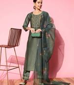 Women Olive Green Zari Sequence Embroidered Silk Blend Kurta Pant With Dupatta