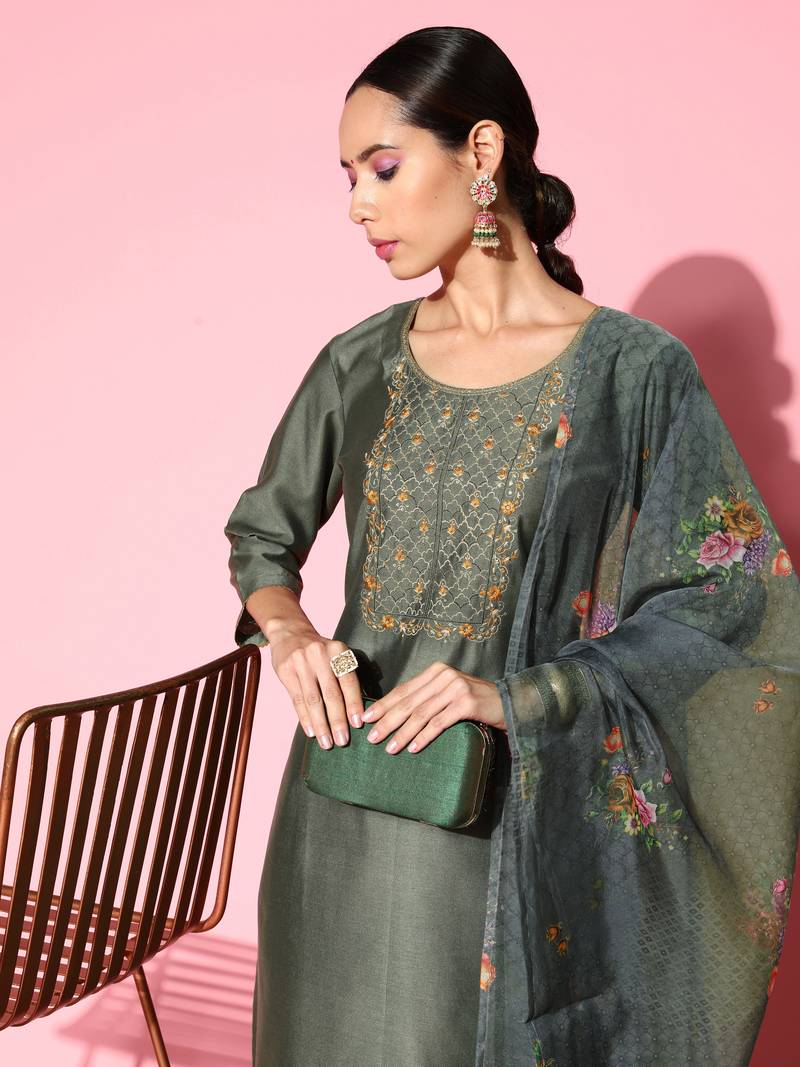 Women Olive Green Zari Sequence Embroidered Silk Blend Kurta Pant With Dupatta